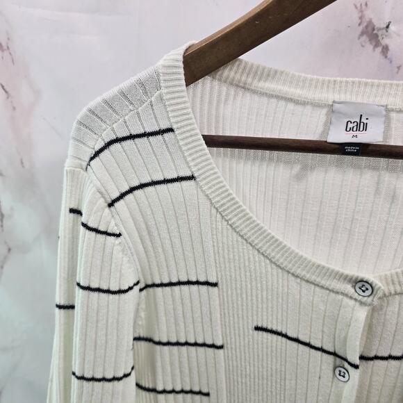 Cabi Cardigan Womens Medium White Striped Sweater Dashes Duster Long 5638 - Picture 2 of 11